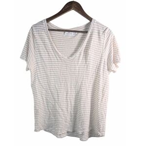 Vineyard Vines Lined Tan & White Coastal Striped V Neck Tee Shirt